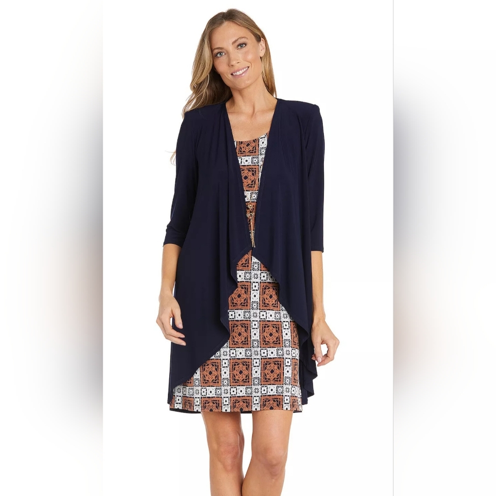 NWT. R&M Richards Navy and Clay Brown Geo Printed Cocktail Midi Dress